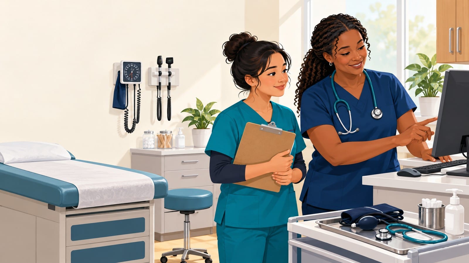 Medical assistant mentor coaches a new learner while preparing an outpatient exam room