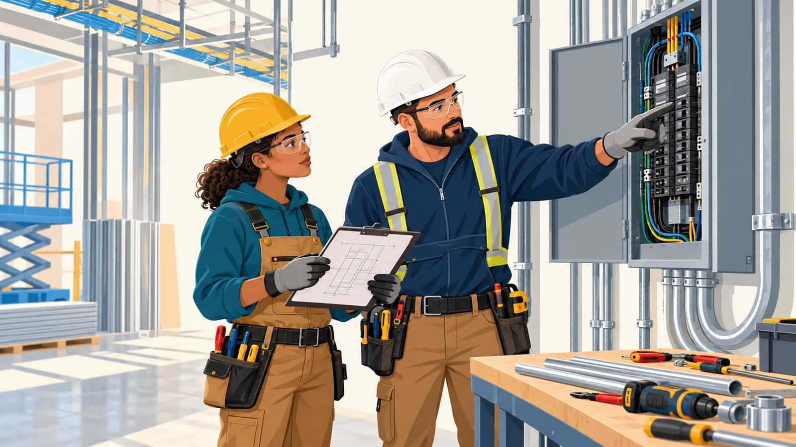 Electrician apprentice reviewing a wiring diagram with a mentor beside a breaker panel
