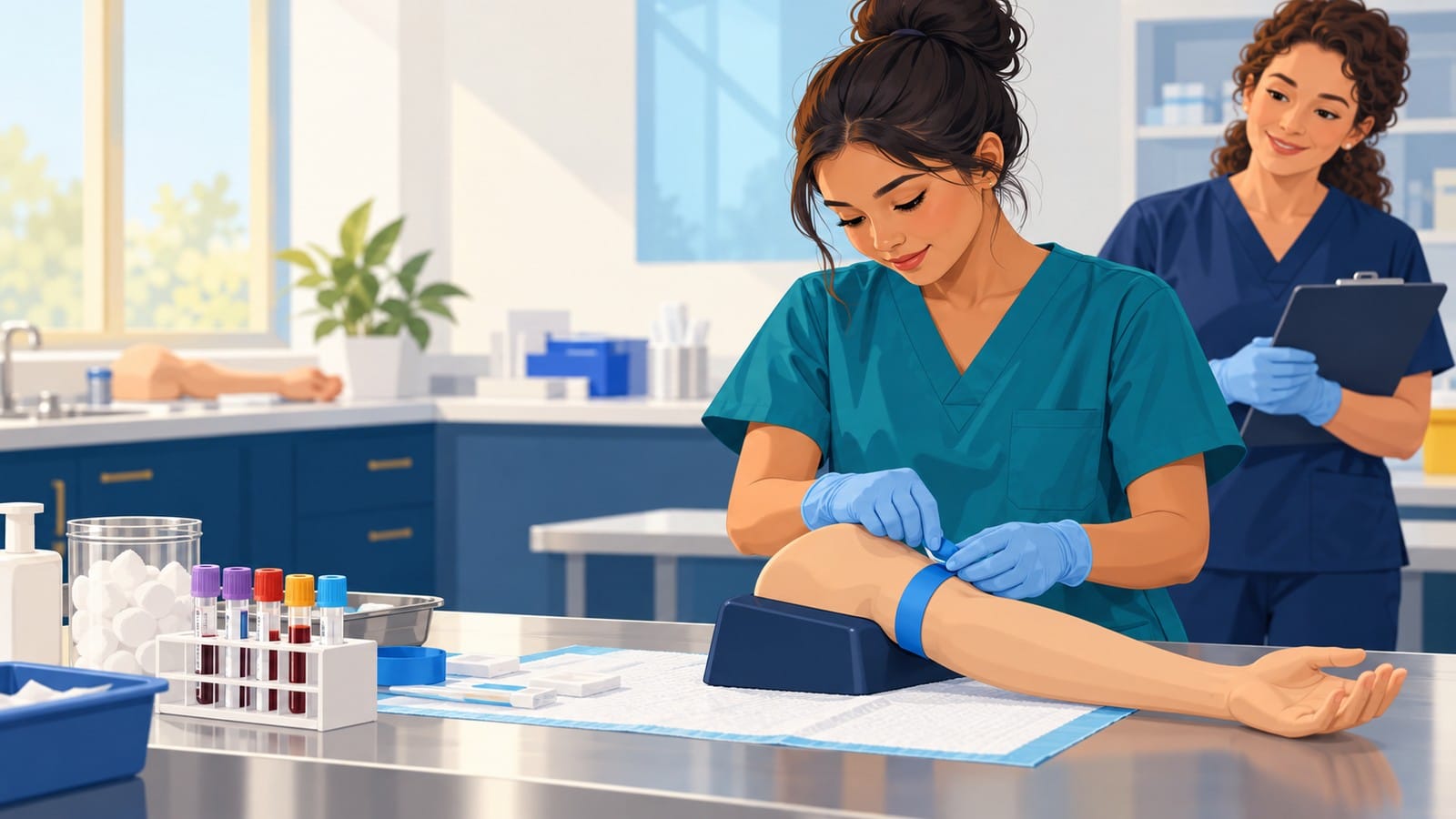 Phlebotomy student practices a blood draw on a training arm in a bright clinical lab
