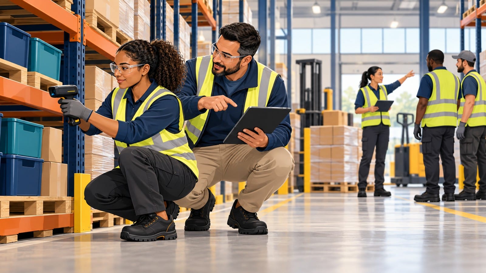 Warehouse associate learns scanning and leadership skills from a supervisor in a modern distribution center