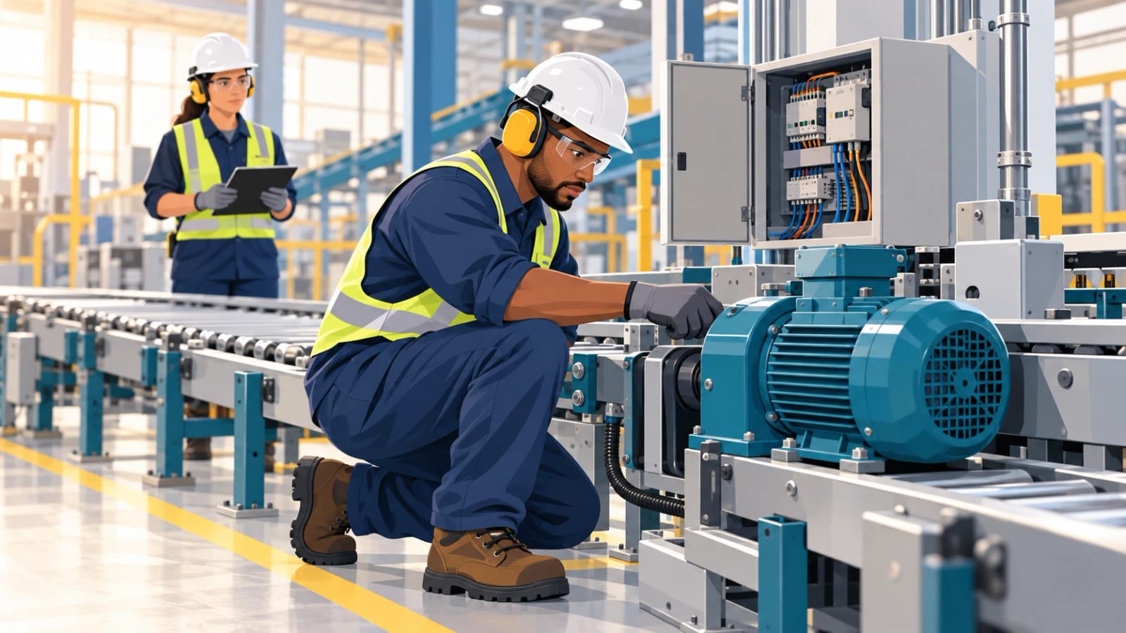 Industrial maintenance technician inspecting a conveyor motor with safety gear in a factory