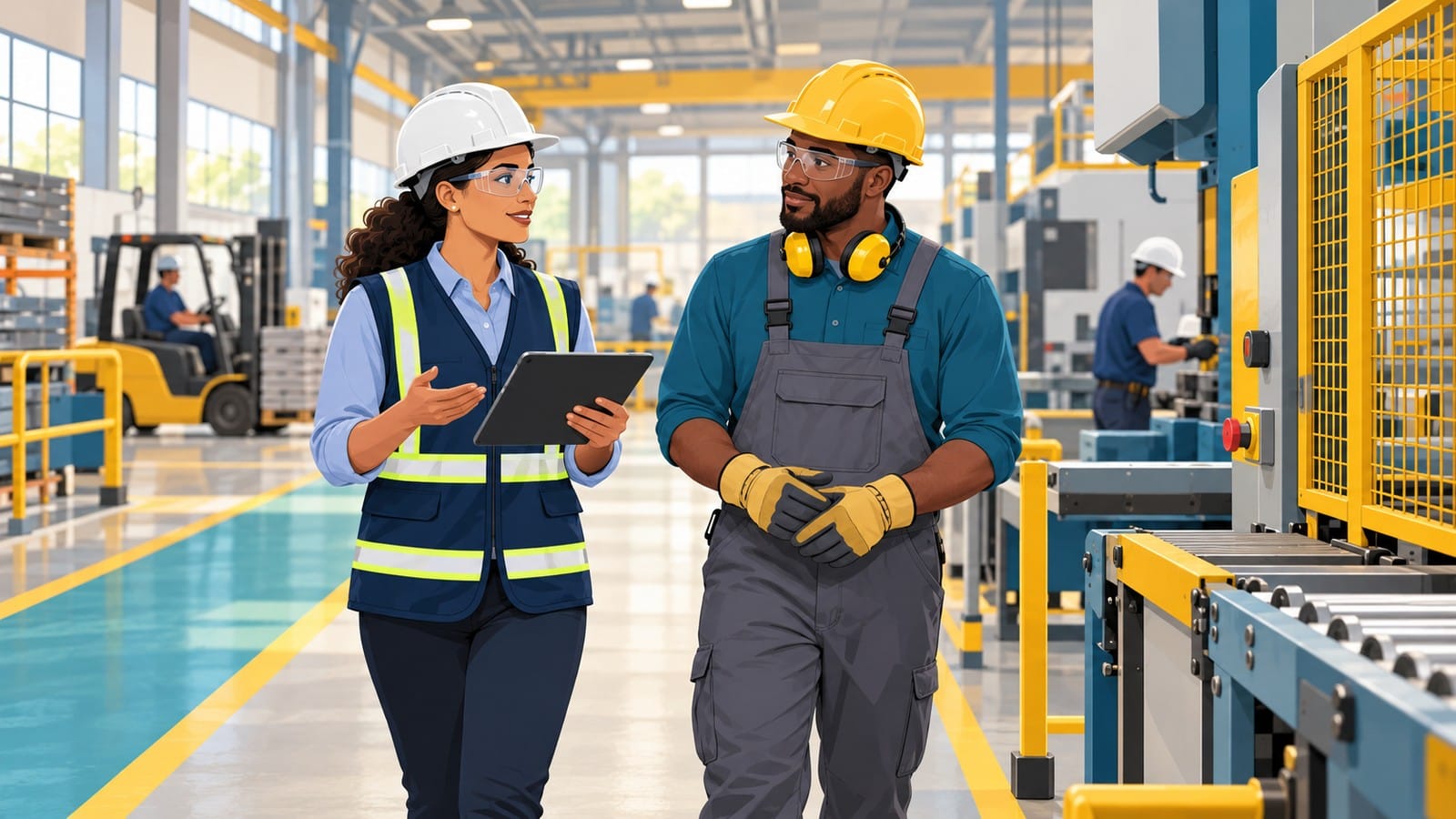 Occupational safety specialist coaching a worker during a factory safety walk-through