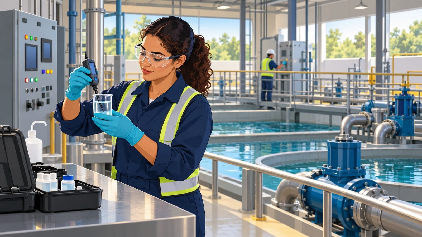 Water treatment operator testing a sample beside tanks and pumps at a municipal plant